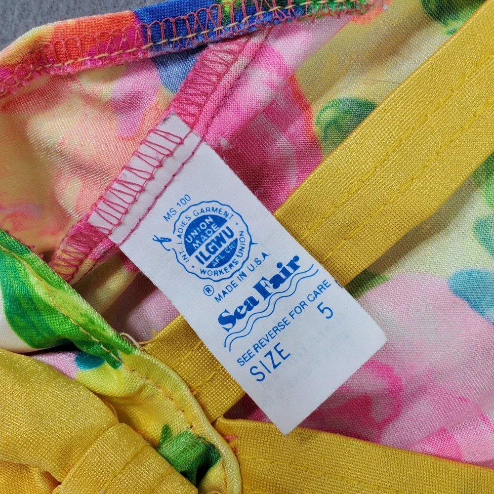 Sea Fair‎ One Piece Swimsuit Kids 5 Yellow Floral VTG Toddler USA Bow Cross Back